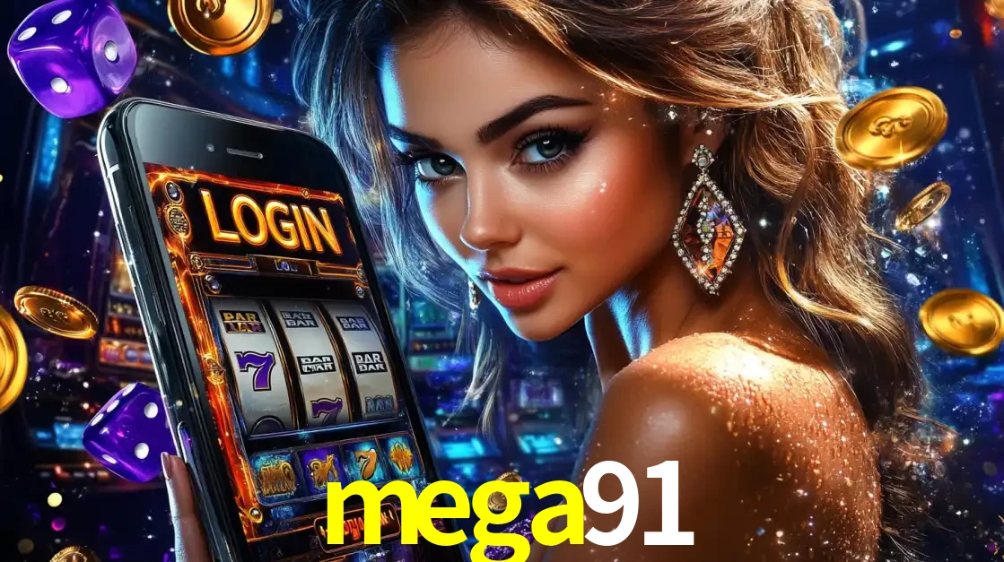 Mulher glamorosa segurando um smartphone com a tela de login para os jogos de caça-níqueis do cassino online mega91, com moedas de ouro e dados ao redor.