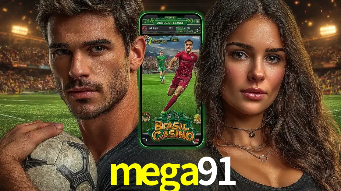 Homem segurando uma bola de futebol e uma mulher ao lado de um smartphone exibindo o jogo de apostas esportivas da mega91. Faça seu palpite no cassino online.